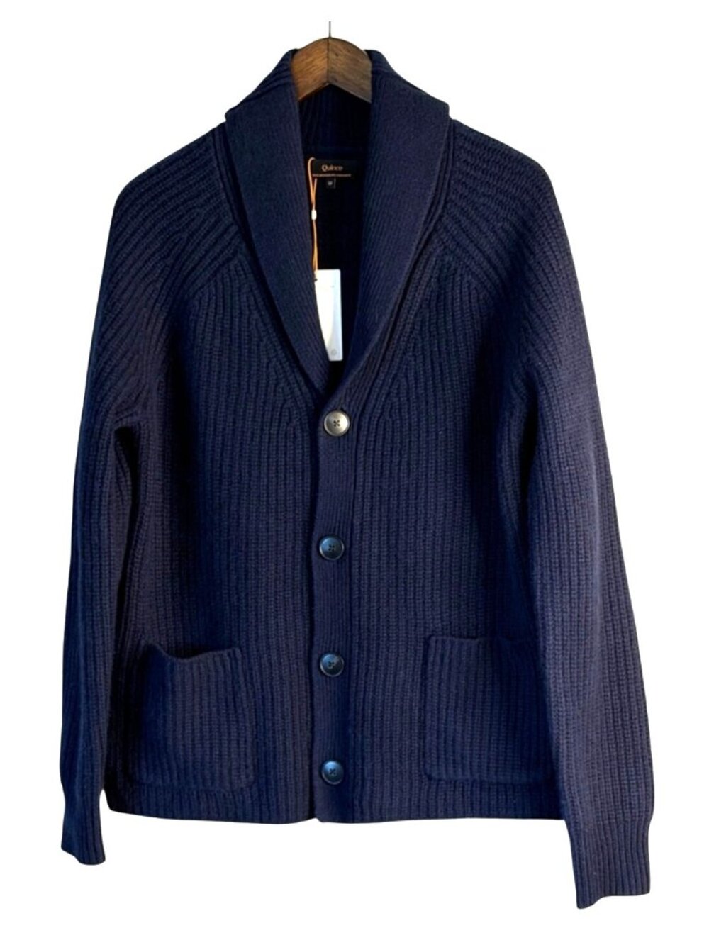 Quince Mongolian Cashmere Shawl Collar Button Front Sweater Navy Size Med NWT